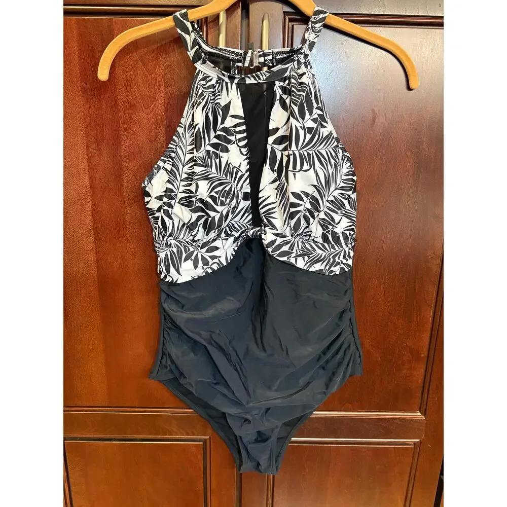 Tempt Me Black White One Piece High Neck Tummy Control Bathing Suit Size M NWT - Picture 3 of 16